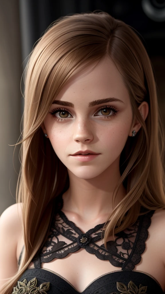 a portrait of a stunning Emma Watson, wearing a felt dress, intricate, post apocalyptic, beautiful detailed face, brown eyes, Long Straight brown hair, detailed background,