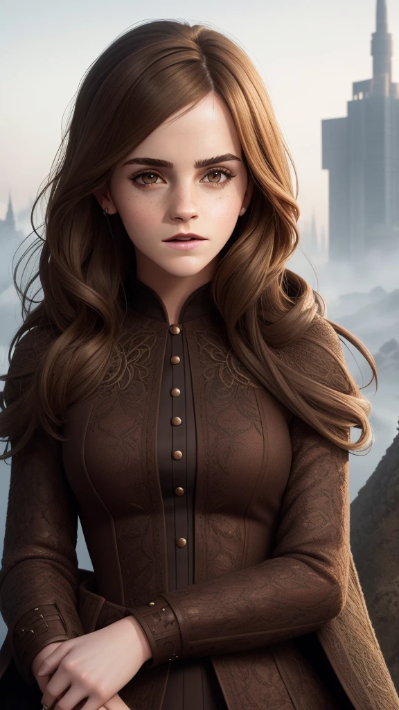a portrait of a stunning Emma Watson, wearing a felt dress, intricate, post apocalyptic, beautiful detailed face, brown eyes, Long Straight brown hair, detailed background,