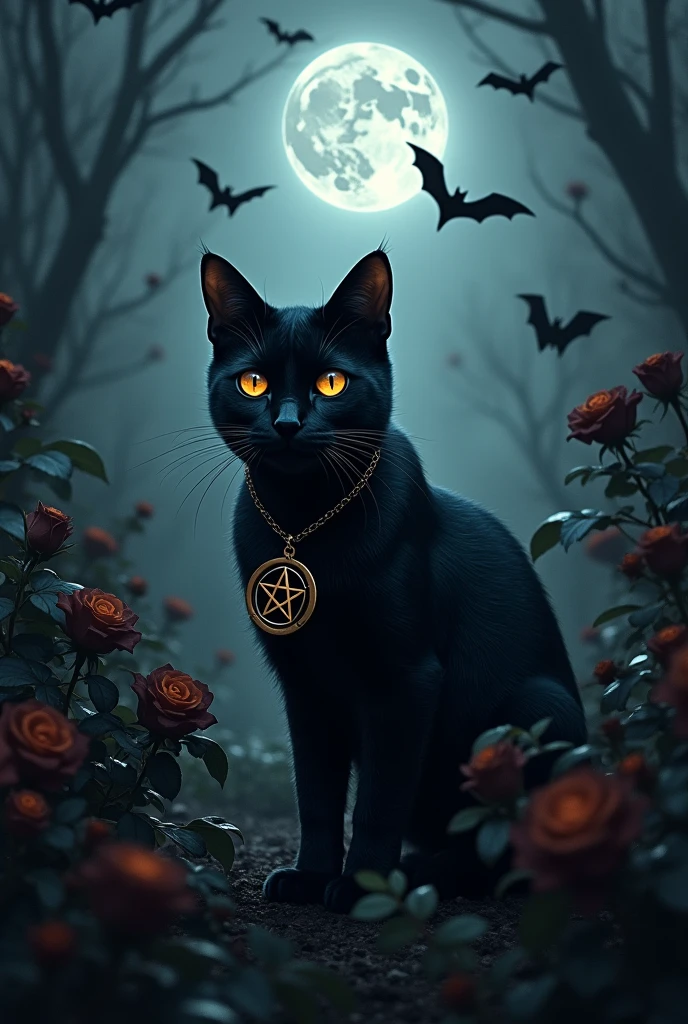 Image with a black cat with orange eyes with a pentagram necklace around its neck in a garden with many very black black roses. It&#39;s getting dark and there&#39;s a full moon and bats flying around the moon.. 