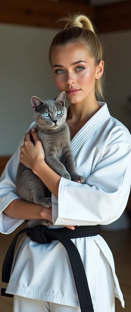 ((photogenic, photographic)), hold cat, (Russian Blue cat, blue eye, shot hair, ), Front view , Full- body,  beautiful  Russian woman, 3, (blond hair, short pony tail , Gray eyes, Beautiful Lips, smile), (C cup Breasts, Wide Hips) ,((Karate White clothes, Karate  White underwear,  Black obi:1.3)), At the Karate Dojo, Standing on tatami mat, Textured skin ((Surrealism, Fujicolor, Fujifilm, UHD, retina, masterpiece, accurate, anatomically correct, textured skin, super detail, high details, high quality, best quality, 8k))
