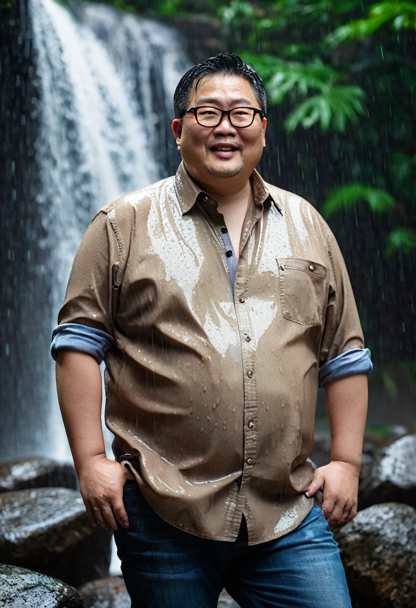 Man, Asian, 50 years old, Fat, Chubby, wearing glasses, wearing an unbuttoned shirt, light brown shirt, wear jeans, rocks, waterfall, wet in the rain, stained, Raining, sharp image, Top view.