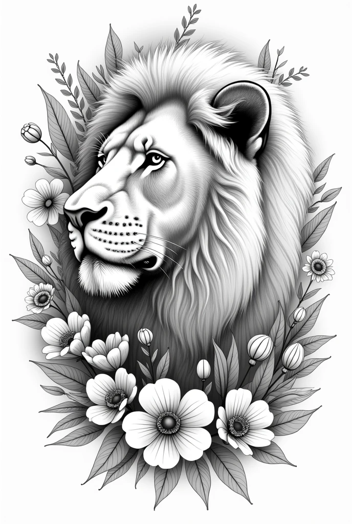 A lion drawn with flowers in black and white, similar to pinterest images, a little more professional and the lion is in profile, make the lines more defined remembering that it is a drawing, Add more flowers so that only the lion's face can be seen, give it more life