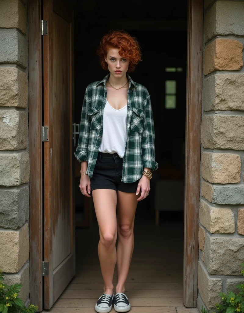 a Scottish woman with pale skin, blue eyes, short, red curly and messy hair, she wears a loose forest green and white gingham shirt, the shirt covers her black shorts, thick and beautiful legs, can be intimidating, dark hair, simple rose gold jewelry. Standing in the doorway of a traditional highlands cottage.