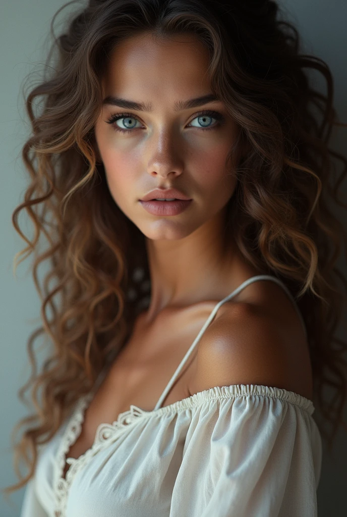 Une femme au yeux bleu qui a environ 18 ans cheveux boucler qui a des formes qui a l’air detres reel d’origine française