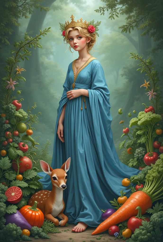 (anime)
Create the prince of vegetables A young human dressed in blue accompanied by his pet baby deer surrounded by vegetables 