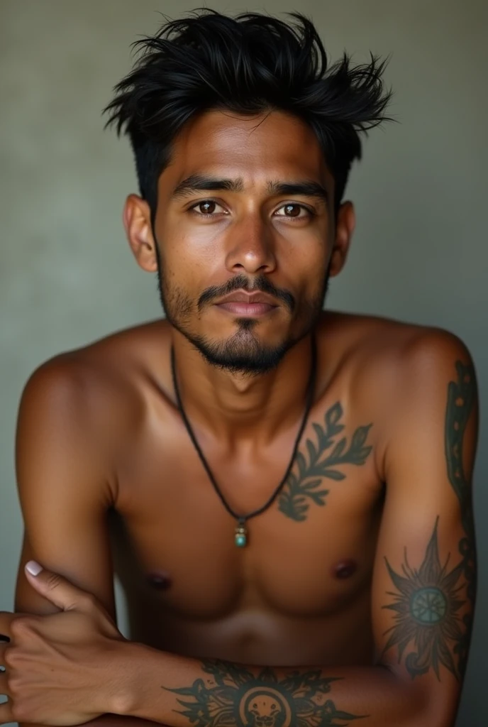 Create an image of a tall boy, With brown skin, dark hair,
with big brown eyes , with short beard , no mustache,
with tattoos on the forearms, of Colombian Nationality