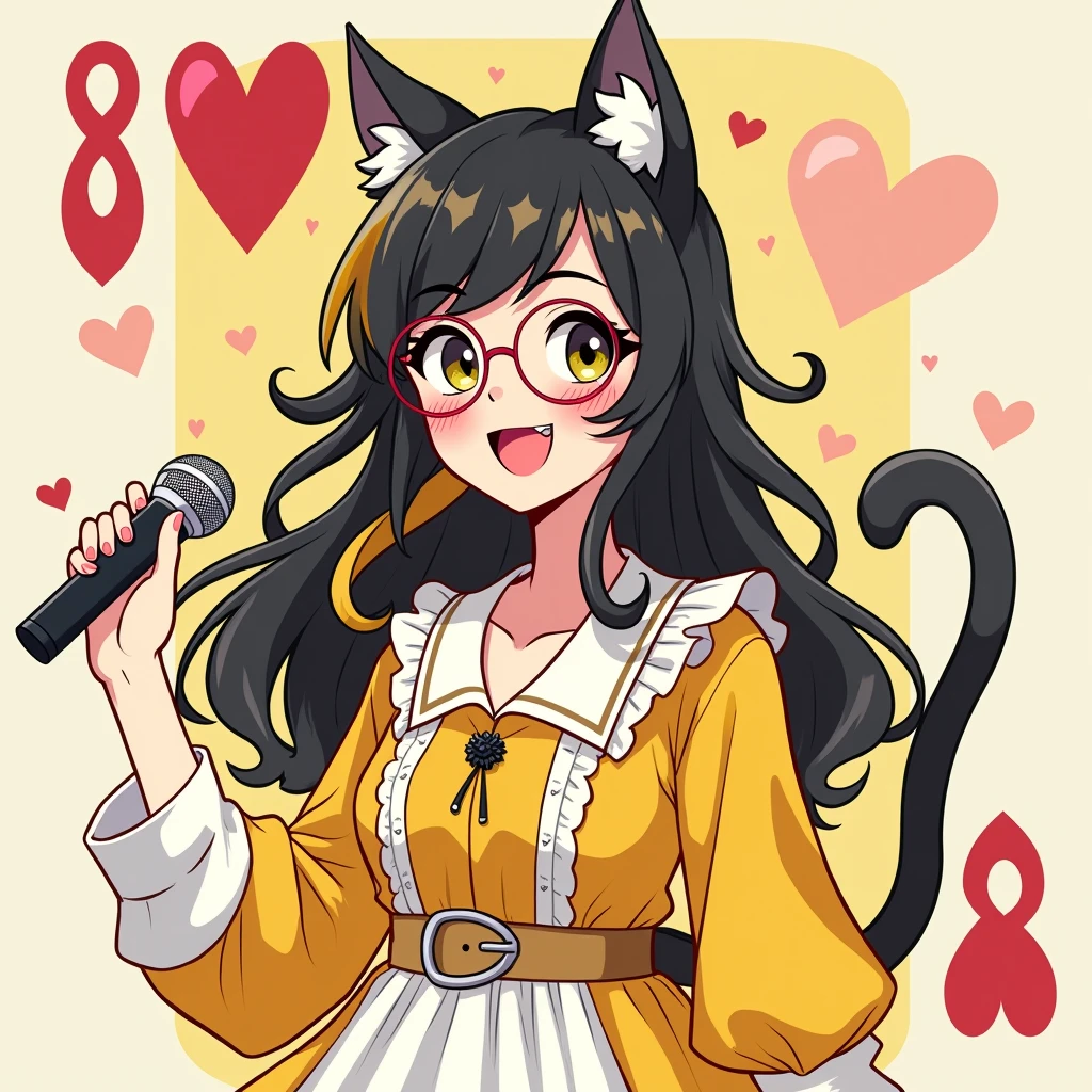 Create a 8 of Hearts card with a young woman, a yellow and white dress, looking happy and holding a microphone in her hand, tarot style,  black long hair, yellow hair tail, Black and yellow highlighted hair color, Black and yellow gradient hair color, wear round glasses, A pair of cat ears on the head
