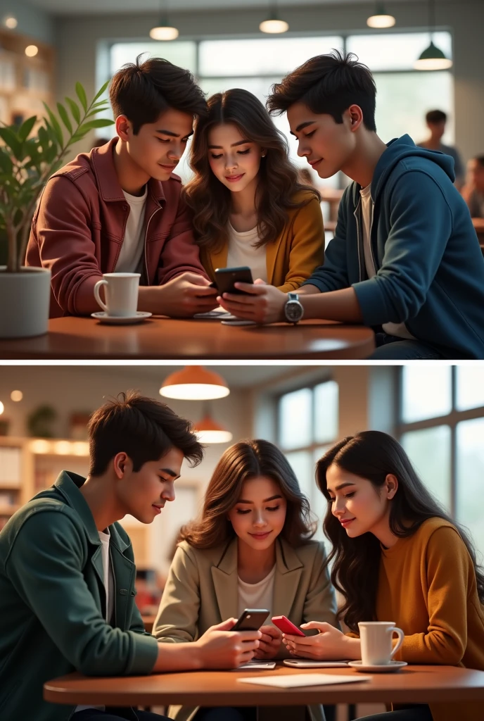 Make me a group of 3 friends where they are looking at their cell phones at school. They are young adults (no caricature)

Those same girls, but looking at a restaurant menu on the cell phone