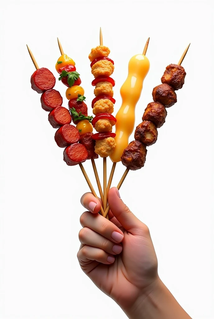 Create a hand holding 5 simple Brazilian skewers, one of meat, chicken, Mixed, kafta and cheese with white background realistic image