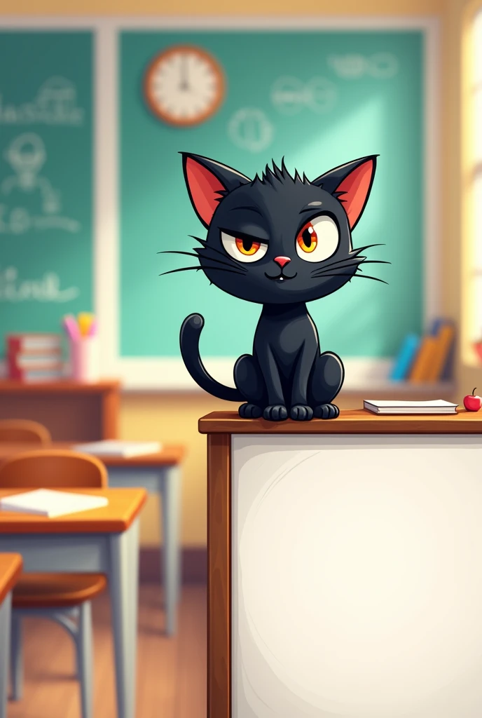 Create a cartoon of a black cat that has only one eye (one-eyed) and appears on the right end of a white cardboard. The background should be a classroom and the poster should be horizontal.