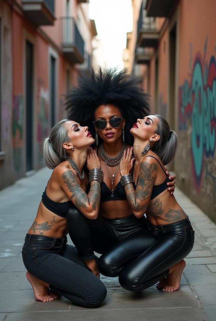 Three russian old milf women: the dominant dark skinned gipsy woman (black afro), squatting with possessive stance (arms around her two girlfriends' necks). At her feet, kneeling on the ground,her two caucasian girlfriends: weak, light grey hair, submissive and needy, feeling defeated and needy, in laid back postures with hands touching their thongs or their necks or chest, heads tilted and looking up with open mouths with arched backs,wide open legs. different clothes but all wearing clothes in rock chic style. grey hair (bouffant, top bun, shaved sides) and oversized square sunglasses. Big lips. Black lace push up bras, silicone breasts,, low rise skinny leather jeans. Barefoot.. Lots of thick wide studded bracelets, chain necklaces and big rings,. Long earrings with chains and feathers. Chains around their hips. Lounging lazily on the ground with bended knees, separated legs and arched backs. Lazy, leaning back, laid back pose, separated legs. Neck, chest, stomach, feet, hands, arms and wrists heavily tattoed. Toned abdominals, thin neck, slim legs and thin arms. Narrow hips. Both, open legs. Full body. At a Madrid narrow street with graffitied walls.