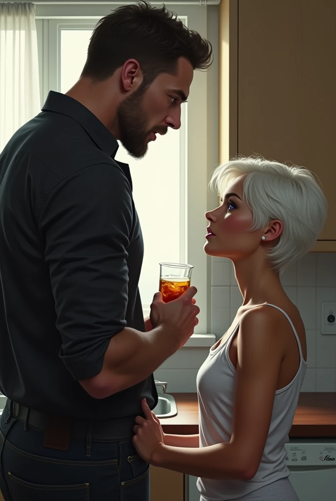A couple fighting in the kitchen, The tall, strong man in a black shirt stood leaning against the kitchen sink holding a glass cup with a drink inside., and the woman in front of him, the woman has short white hair and light brown skin and violet eyes, dressed in a tank top, white 
