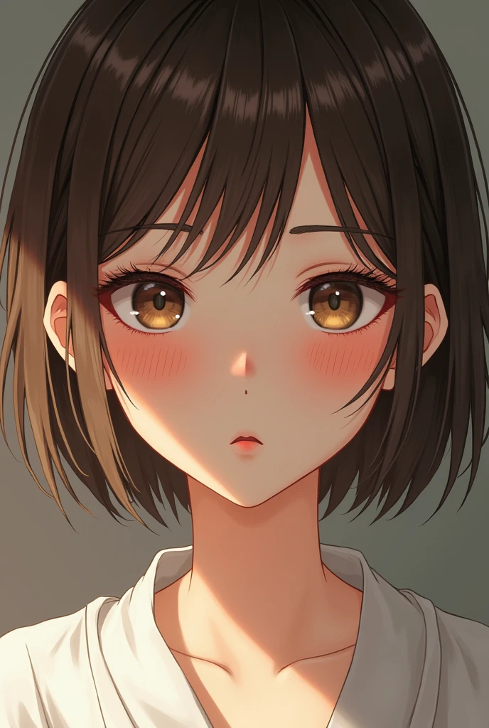 young realistic japanese woman, short hair like a man, lightbrown eyes, pink lips, rosy cheeks with freckles. His expression is gentle.