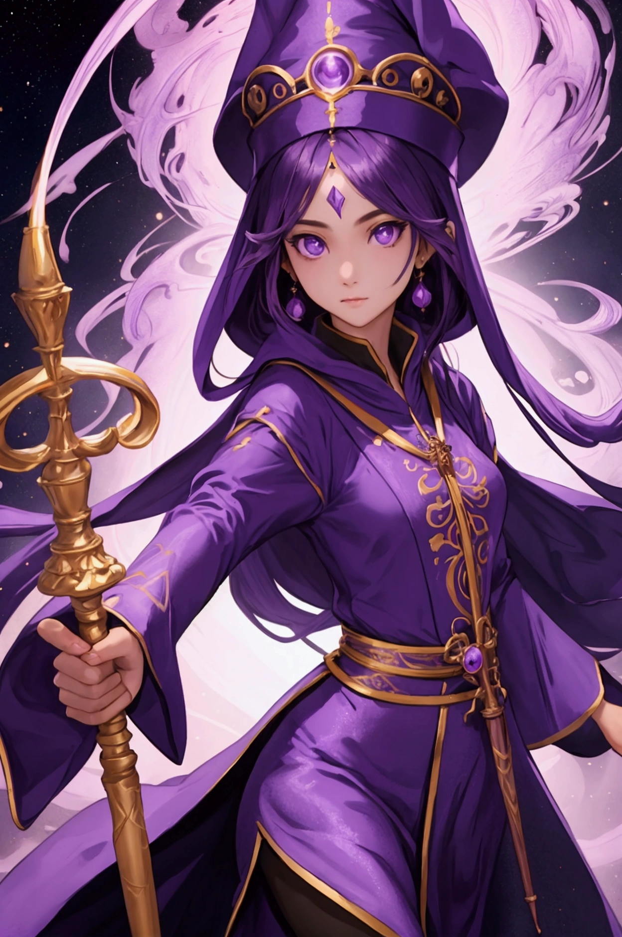 Q version of three-headed female wizard purple long-distance running holding a staff,Cute HD Beautiful pose