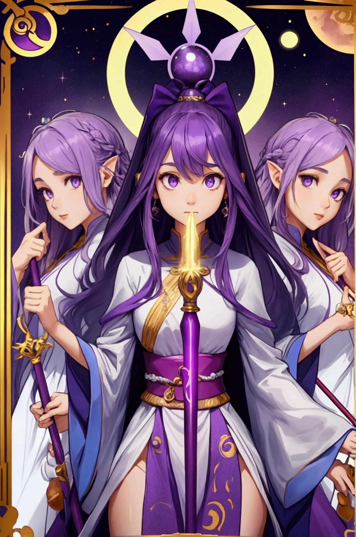 Q version of three-headed female wizard purple long-distance running holding a staff,Cute HD Beautiful pose