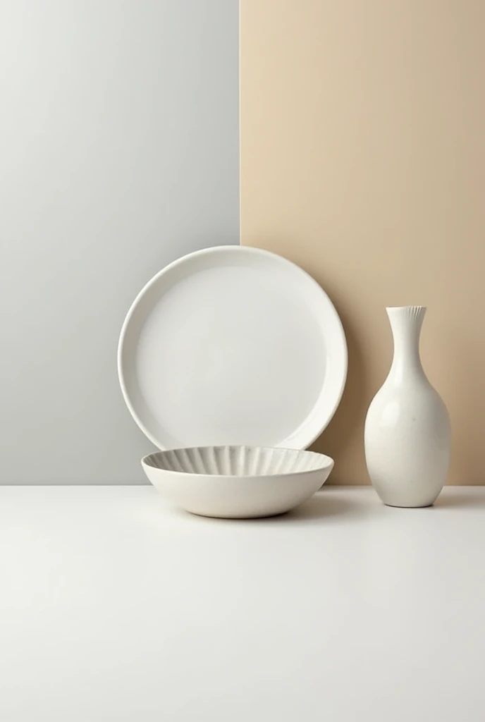 A plate, a bowl, and a ceramic vase are arranged in a minimalist style on a white, beige, and gray, size image big

