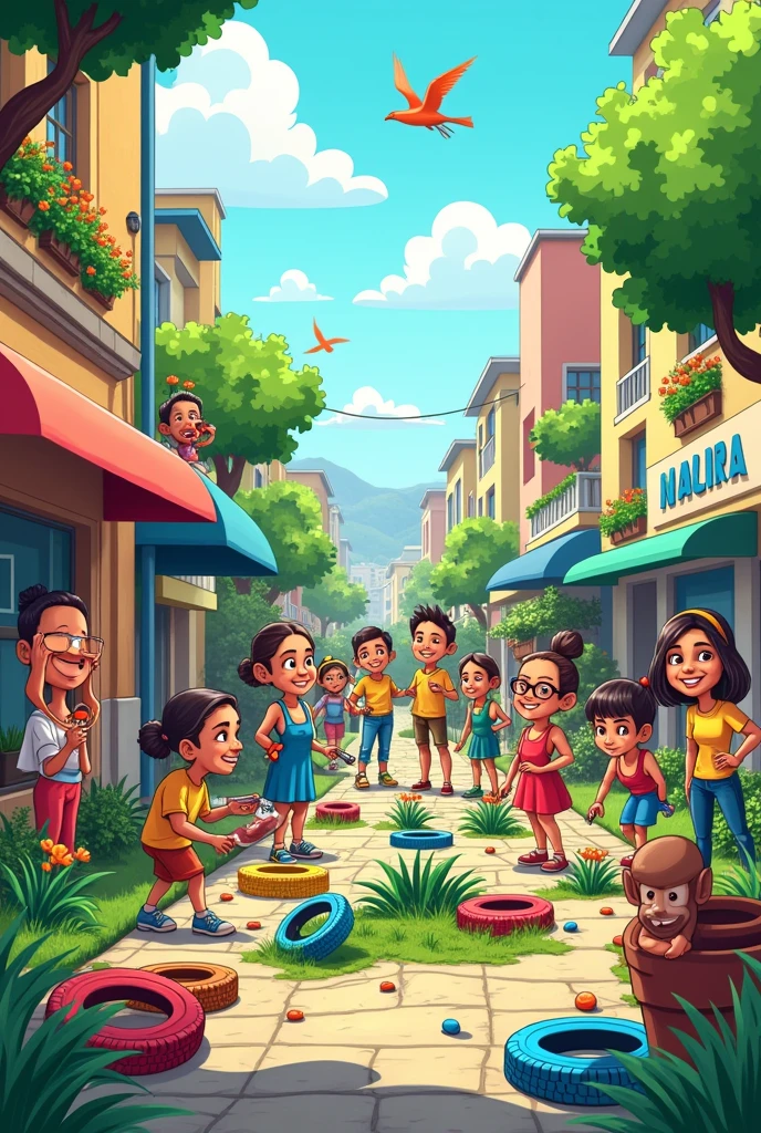 Create a cartoon image that has Chileans painting tires and planting lots of flowers and painting signs to care for the environment Color: Use vibrant colors that attract attention.