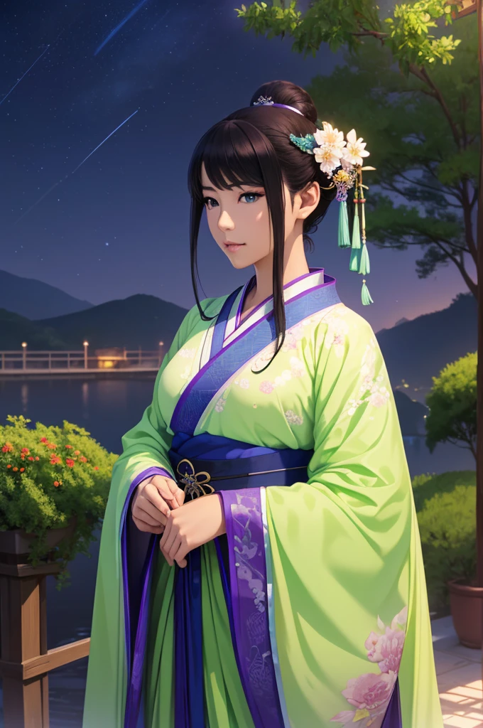 Starry sky landscape、shooting star、 (Highest quality,4K,8k,High resolution,masterpiece:1.2), Very detailed, (Realistic,Realistic,Realistic:1.3), High resolution, Hyper HD, Studio Lighting, Ultra-fine painting, Sharp focus, Physically Based Rendering, Very detailed説明, Professional, Vibrant colors, Bokeh, Sports Late Night, Traditional Chinese Painting Techniques, Atmospheric lighting, Vivid color contrast, Ethereal atmosphere,Very detailed目と顔, Beautiful attention to detail, Light on the face,Hanfu 、(Hanfu: 1.1)、、(Green Eyes: 1.1)、Eyes are green、Slim figure、Small breasts、Sexy pose