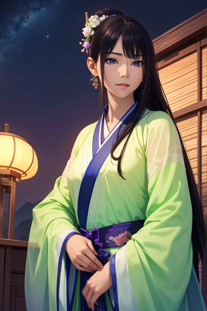 Starry sky landscape、shooting star、 (Highest quality,4K,8k,High resolution,masterpiece:1.2), Very detailed, (Realistic,Realistic,Realistic:1.3), High resolution, Hyper HD, Studio Lighting, Ultra-fine painting, Sharp focus, Physically Based Rendering, Very detailed説明, Professional, Vibrant colors, Bokeh, Sports Late Night, Traditional Chinese Painting Techniques, Atmospheric lighting, Vivid color contrast, Ethereal atmosphere,Very detailed目と顔, Beautiful attention to detail, Light on the face,Hanfu 、(Hanfu: 1.1)、、(Green Eyes: 1.1)、Eyes are green、Slim figure、Small breasts、Sexy pose