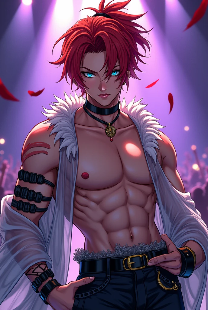 absurd, high resolution, ultra detailed, HDR, mingwa style, masterpiece, best quality, extremely detailed, detailed eyes, Quincy, red hair with yellow side streaks, messy ponytail hair, hair between the eyes, expressive blue eyes, mingwa style, solo, manhwa idol, sexy man, manly man, horny, lustful, handsome, fantasy, undressing, black haori, transparent kimono, black choker, feathers, accessories, black gloves, fingerless gloves, elbow gloves, black bow headband, cock full of old perverts, ear microphone, purple light spotlights, mouth piercing, crowded show, fantasy manhwa, dick show,