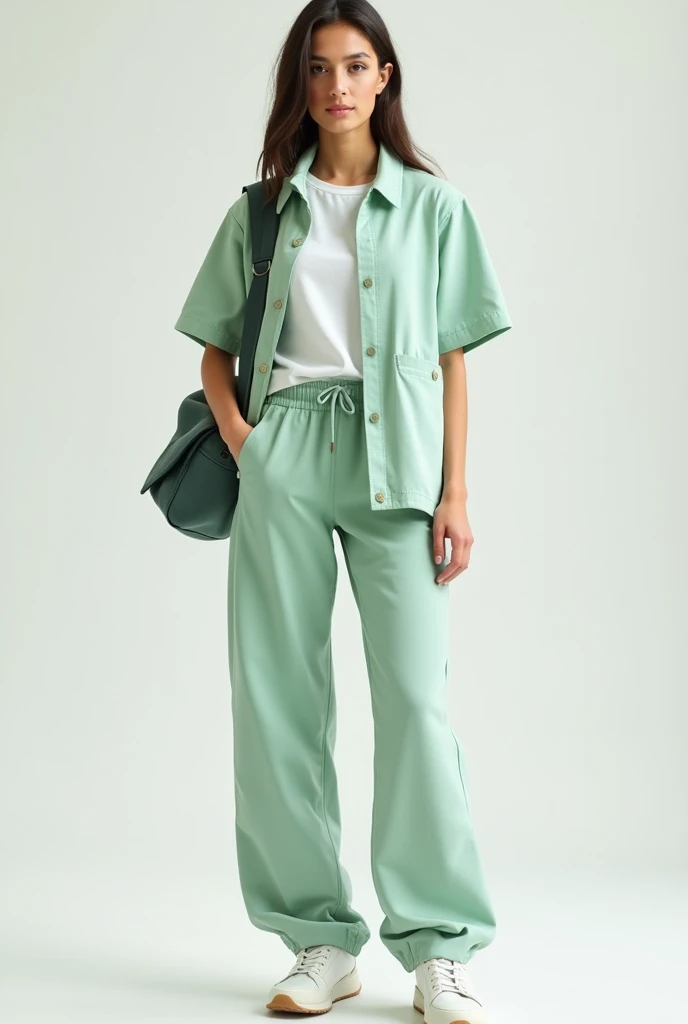 A comfortable anti-fluid set for environmental engineering students that can be worn on any occasion, with colors between white and light green, in the form of a short-sleeved jacket and sweatshirt-style pants.
