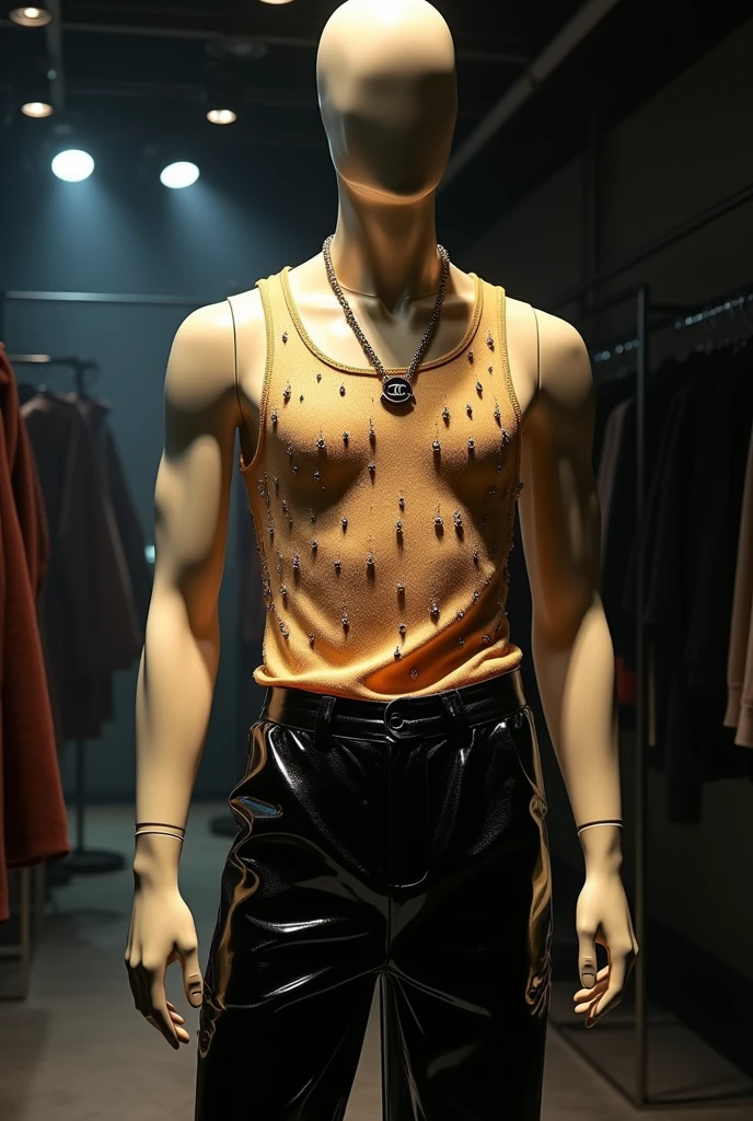 create a image of a male mannequin, the setting is a fashion studio at night, the outfit exposed in the mannequin is a sheer see through golden tank top with bedazzled details mimicking waterdrops, there's also black vinyl pants and a chanel necklace