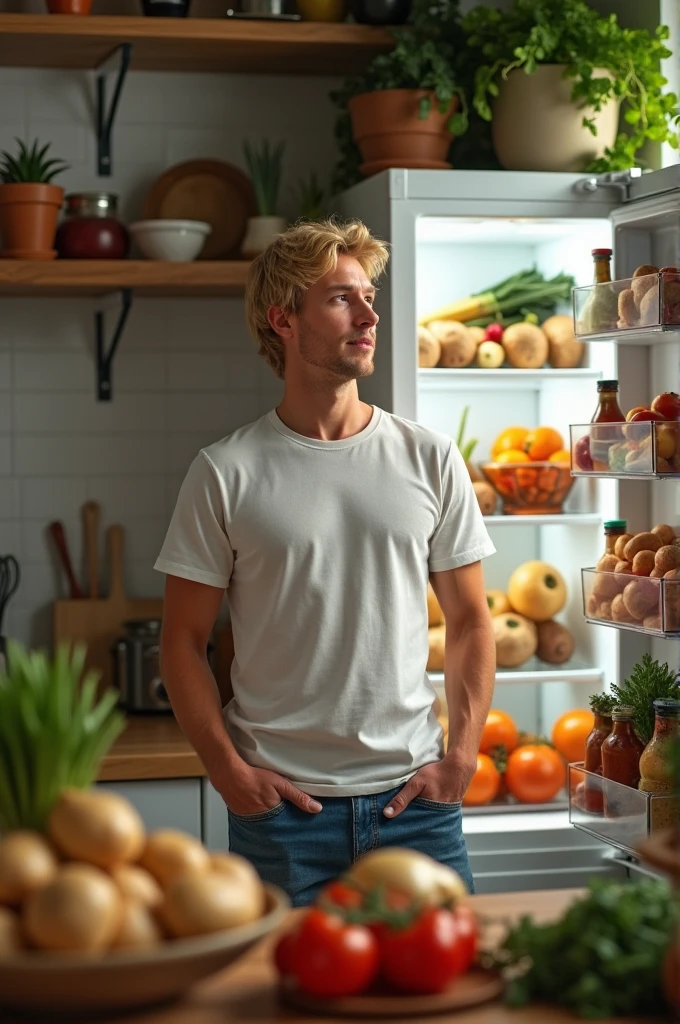 Blond man at home with a fridge full of potatoes, onions and tomatoes