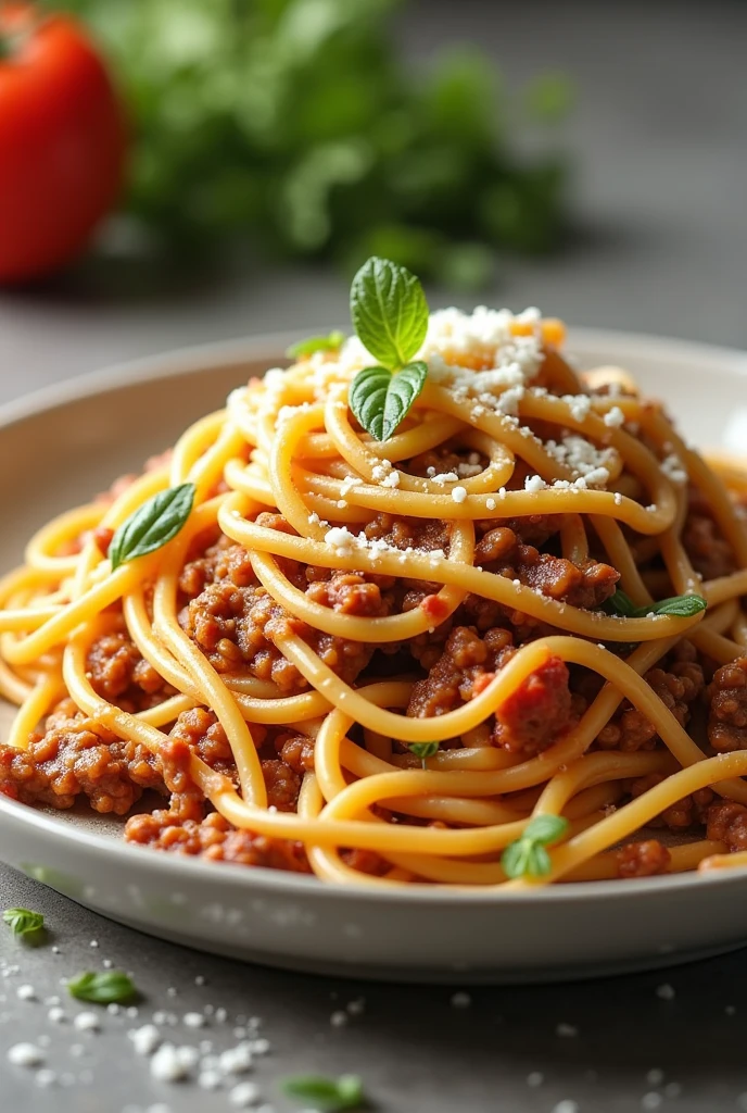 (photorealism:1.2), spaghetti mixed with hot and smoky minced meat, mayonnaise and cheese, flat plate, vegetables, by Greg Rutkowski, by Alphonse Mucha