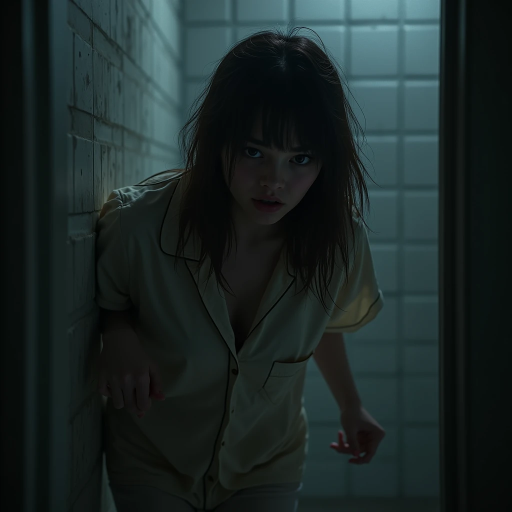 a brunette woman with straight hair, with about 1,65m tall, dressed in simple pajamas, but now dirty, backs away slowly until he leans against the cold, damp wall of his bathroom. Your hair is disheveled, falling disorderly over his pale face. The dim light in the bathroom. Fear takes over his face, his eyes wide and filled with terror, fixed on something that hides in the shadows. Your breathing is short and choppy. As she desperately tries to get away from something invisible that is approaching.