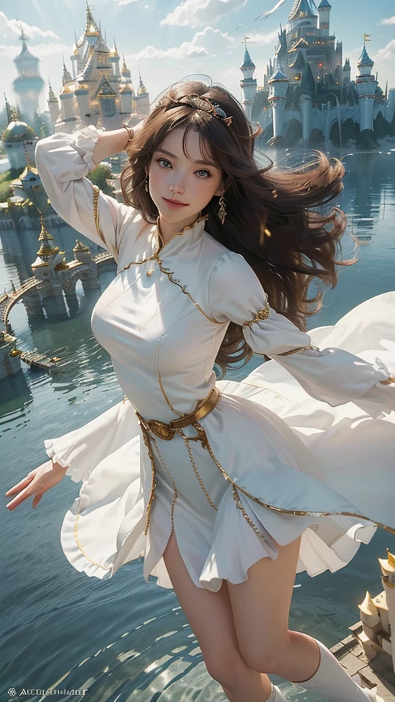(photo realistic:1.35), masterpiece, best quality, CG, wallpaper, HDR, high quality, high-definition, extremely detailed,
1girl, (full body shot),
((body is horizontal)),
((fly through the sky with my hands outstretched)),
(hair is fluttering:1.25), (clothes are fluttering:1.25),
perfect female anatomy, two legs, two feet, two arms,
break
brown hair, blue eyes,
(highly detailed Caucasian skin:1.2),
(Rounded large breasts),
kind smile,
(Slim body, Thin waist, Big hips),
break
(retro artstyle),
(Serene and goddess-like),
(glowing lightly gold),
long sleeves, dress, juliet sleeves,
puffy sleeves, belt, hairband,
break
((Floating Castle:1.45))
(see a castle in the sky in the distance),
horizon,
well sunlit