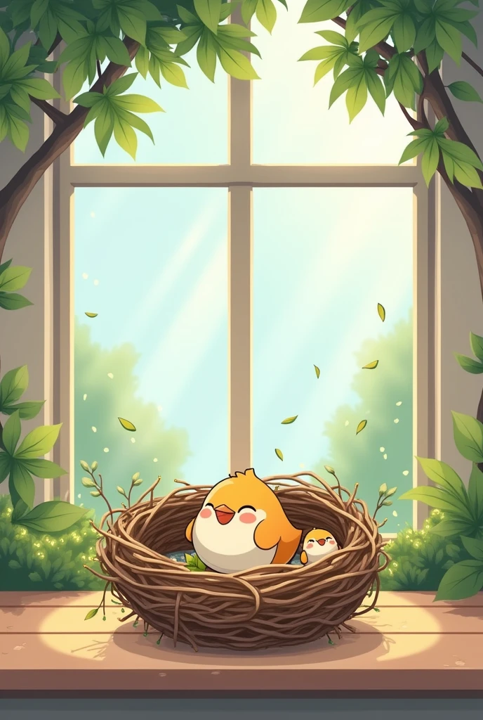 Create a balcony with a bird's nest with a glass window behind it easy cartoon drawing