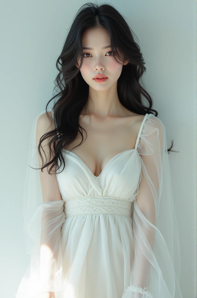 Brunette in a short white dress with simple pieces of crystals