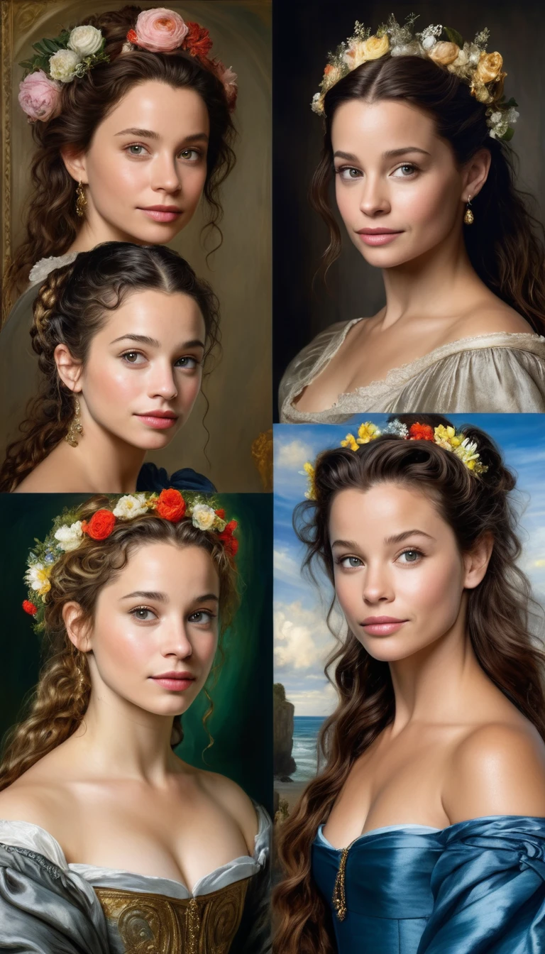 (the four graces of Rubens),(one with the face of Emily Rudd, the second with the face of Evangeline Lilly, the third with the face of Alicia Vikander, and the 4th if lucy lu), modern version of the picture, masterpiece, hyperdetailed painting, ((3girls))..