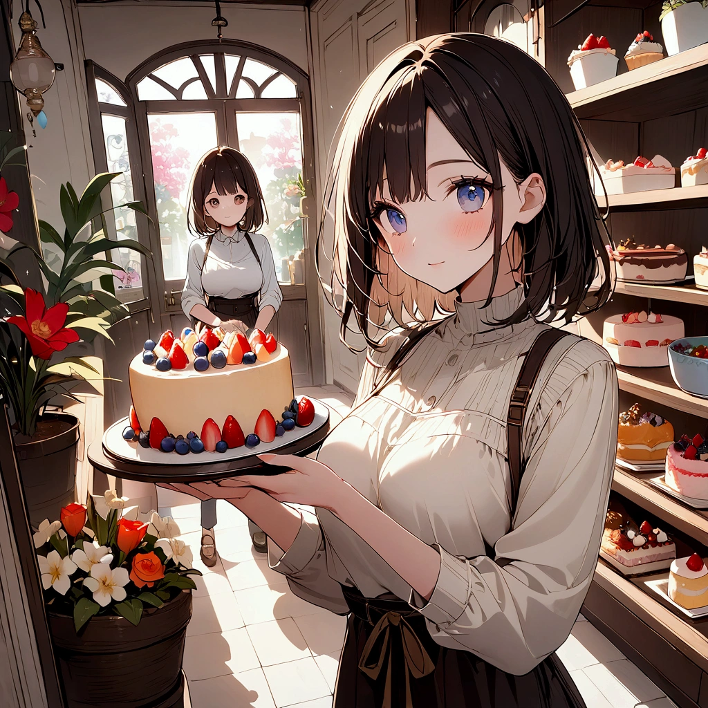 Woman in light-colored casual clothing, Holding a tray with cake in hand. chic, Soft atmosphere. Soft Light. A cake shop with many potted plants and colorful flowers in the background,White or predominantly white decor,(Shelves displaying baked goods:0.5),(A refrigerated display case filled with colorful cakes:0.7),High resolution, Ultra Wide Angle, movie, movie撮影, Super detailed, Super detailedな, Soft Light, 