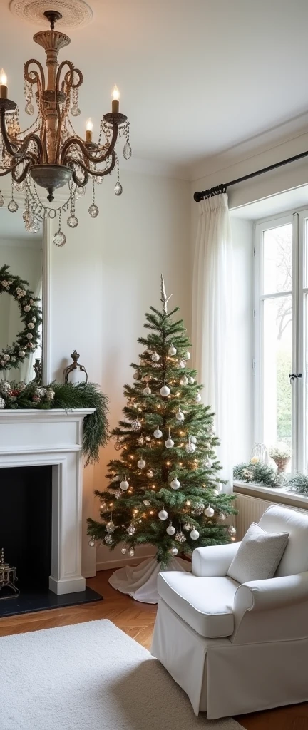 Provençal room decorated for Christmas with a beautiful chandelier, with white wall piano, side fireplace with armchair, Christmas tree, side window, all white
