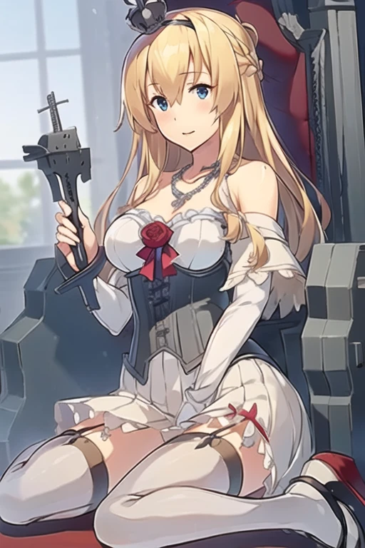 warspite \(kancolle\),((masterpiece)),(((best quality))),((ultra-detailed)),((illustration)),((disheveled hair)),((frills)),(1 girl),(solo),1girl, bare shoulders, black footwear, blonde hair, blue eyes, braid, breasts, corset, crown, dress, flower, french braid, garter straps, hairband, jewelry, long hair, long sleeves, machinery, mary janes, medium breasts, mini crown, necklace, off-shoulder dress, off shoulder, red flower, red ribbon, ribbon, rose, scepter, shoes, sitting, solo, thighhighs, throne, torn clothes, torn dress, torn legwear, turret, white dress, white legwear, Official attire