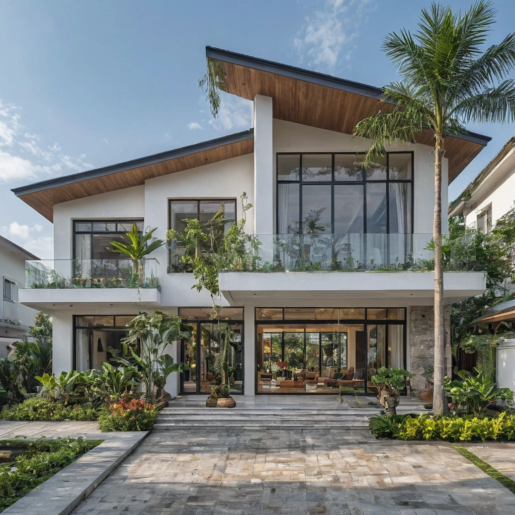 front view of a modern minimalist house in the city center with white walls and wooden accents, stone cladding details, large windows, double height entrance gate, surrounded by other houses, a concrete wall behind it, lush tropical plants on both sides, a sunny day, professional photography in the style of a magazine, with a car passing through the front door, in the style of X Danielle home design