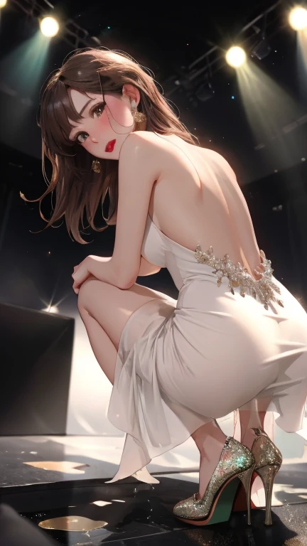 High resolution, Beautiful woman, Attention to detail, Good lighting, Obscene, conversion, ((Backless sequin dress)), ((Red high heels)), Put your hands behind your head、Bare thighs, Bare arms, (((Be incontinent))), (Pee), Peeの染み, (puddle), Thick thighs, Nice long legs, lipstick, Detailed face, Cute Face, Embarrassed and blushing face, Humiliated, ((On the disco stage)), (Squat), (Rear View),Stick your butt out,Open your knees