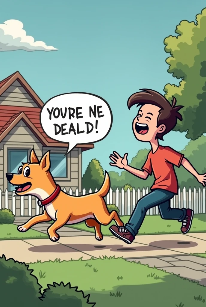 make a meme of a dog running away from a person laughing with a text saying bro didm’t payya tehhe billllls realistic