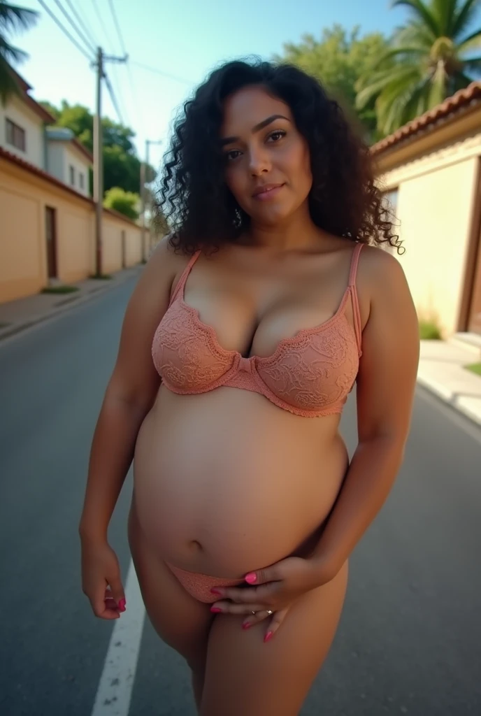 Pov when you accidentally meet a Latina Brazilian mother with a curvy plus size body who looks full and is pregnant with a big belly and wearing a jumbo sized and sagging bra on the side of the road. fisheye camera view, iphone camera style. 8k hd, realface, cinematic, highly detailed, Extreme