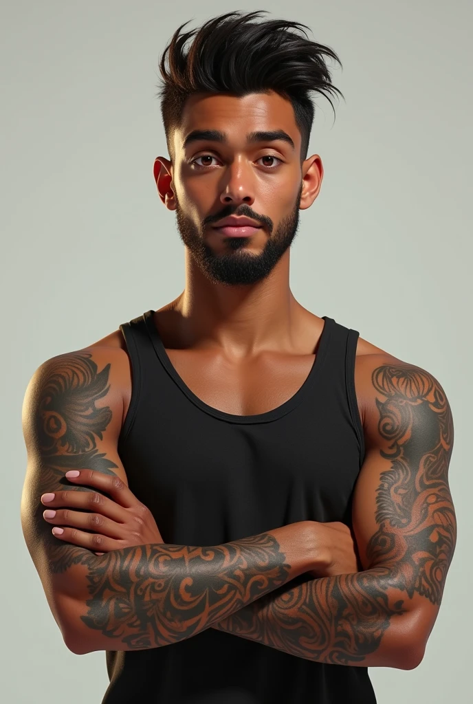 Create an image of a tall boy, With brown skin, dark hair, 
with big brown eyes , with short beard , no mustache, 
with tattoos on the forearms