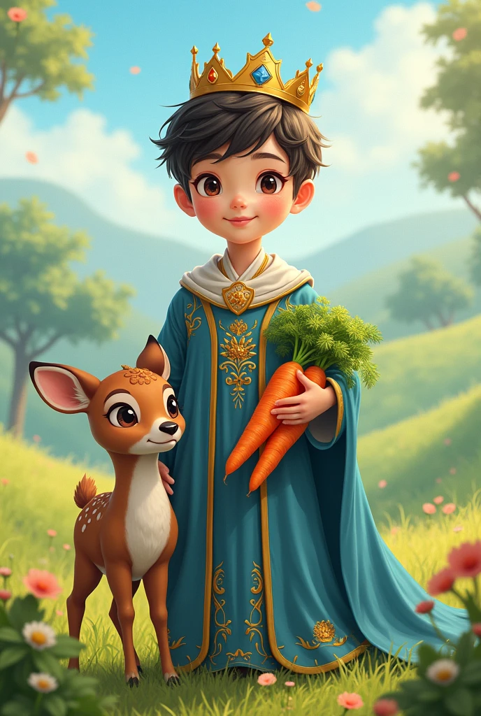 (anime)
Create the prince of vegetables A young human dressed in blue accompanied by his pet baby deer with carrots in hand