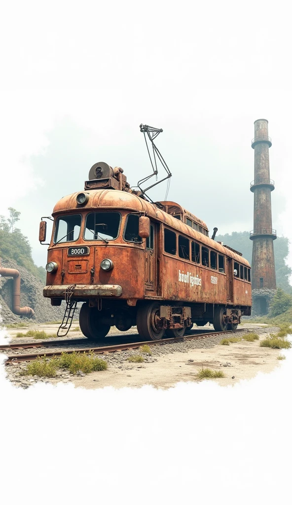(Best Quality,4k,8k,High resolution, masterpiece:1.2),ultra detailed, sharp focus,(realist,photorealist,fotorrealista:1.37),extremely fine details, intricate details,vivid colors,intense colours,Deep contrast,cinematic depth of field,cinematographic composition,cinematic camera angle(Photograph of an abandoned rusty train:1.5, scenario centered on abandoned industrial machinery.), abandoned coal mine landscape, machine placed, ((Trolleybus in ruins, 放置されたHeavy equipment, industrial waste)), quiet, , minimalist, industrial environment, Heavy equipment, spiderweb, dusty, Disturbing silence, crumbling walls, oxide, overgrown vegetation, Remnants of past activities, dark space, Broken window, colores quiets, mysterious atmosphere