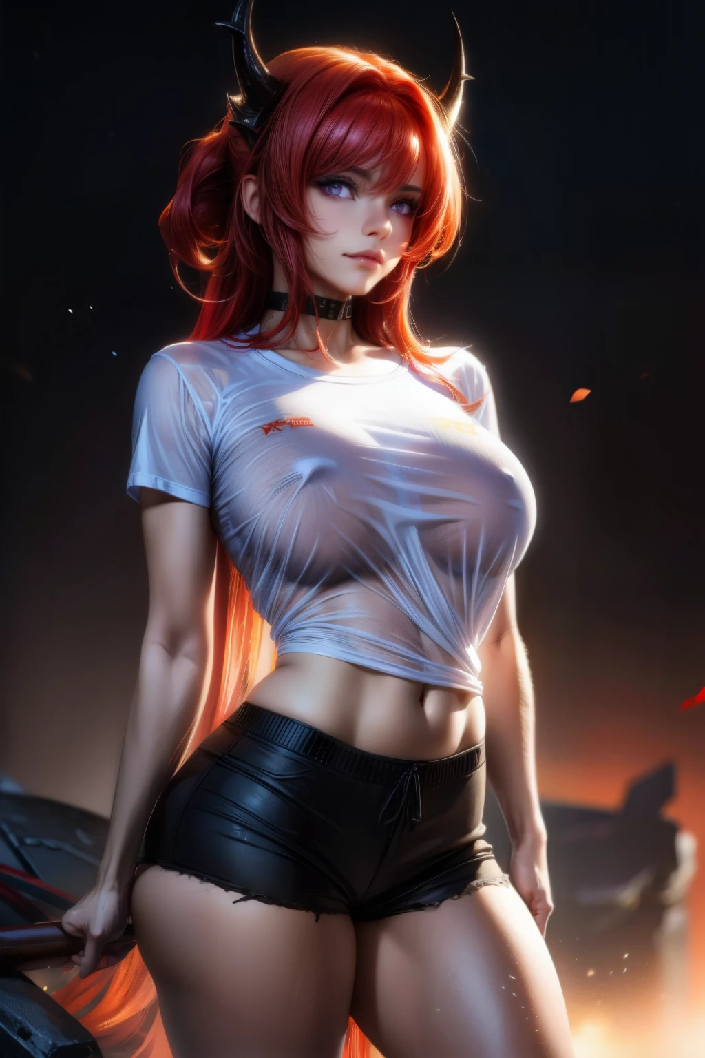 surtr_arknights, choker, (red hair:1.4), (purple eyes:1.5), long hair, (medium breasts:1.2), thicc thighs, curvy hips, tanlines,
BREAK, (white shirt), shorts, (wet shirt:1.2), see-through shirt, no bra,
BREAK looking at viewer, night, (sweaty body), ((smirk)), (sweaty:1.3), (from below), (frontal view), side view,
BREAK (masterpiece:1.2), best quality, high resolution, unity 8k wallpaper, (illustration:0.8), (beautiful detailed eyes:1.6), extremely detailed face, perfect lighting, extremely detailed CG, (perfect anatomy), 