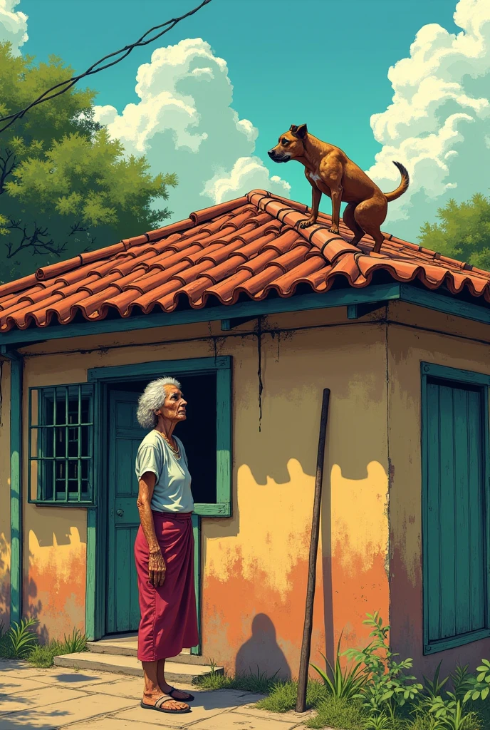 Old woman looking at the roof of her house, a stray dog is on the high roof, trying to get down. Simple house in Brazil. manga style.