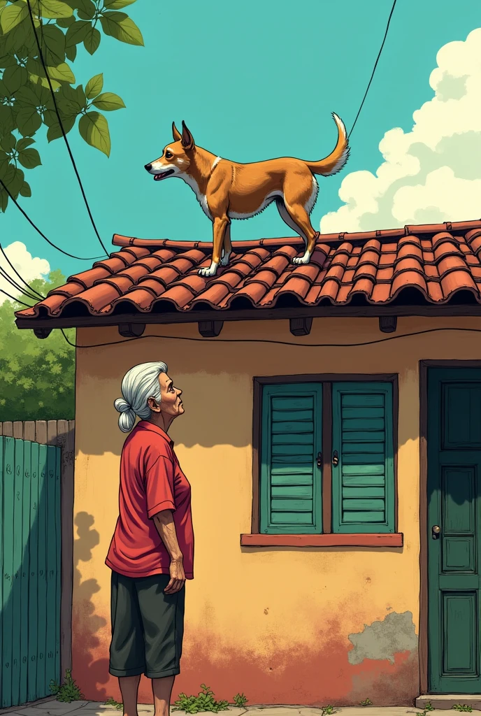 Old woman looking at the roof of her house, a stray dog is on the high roof, trying to get down. Simple house in Brazil. manga style.