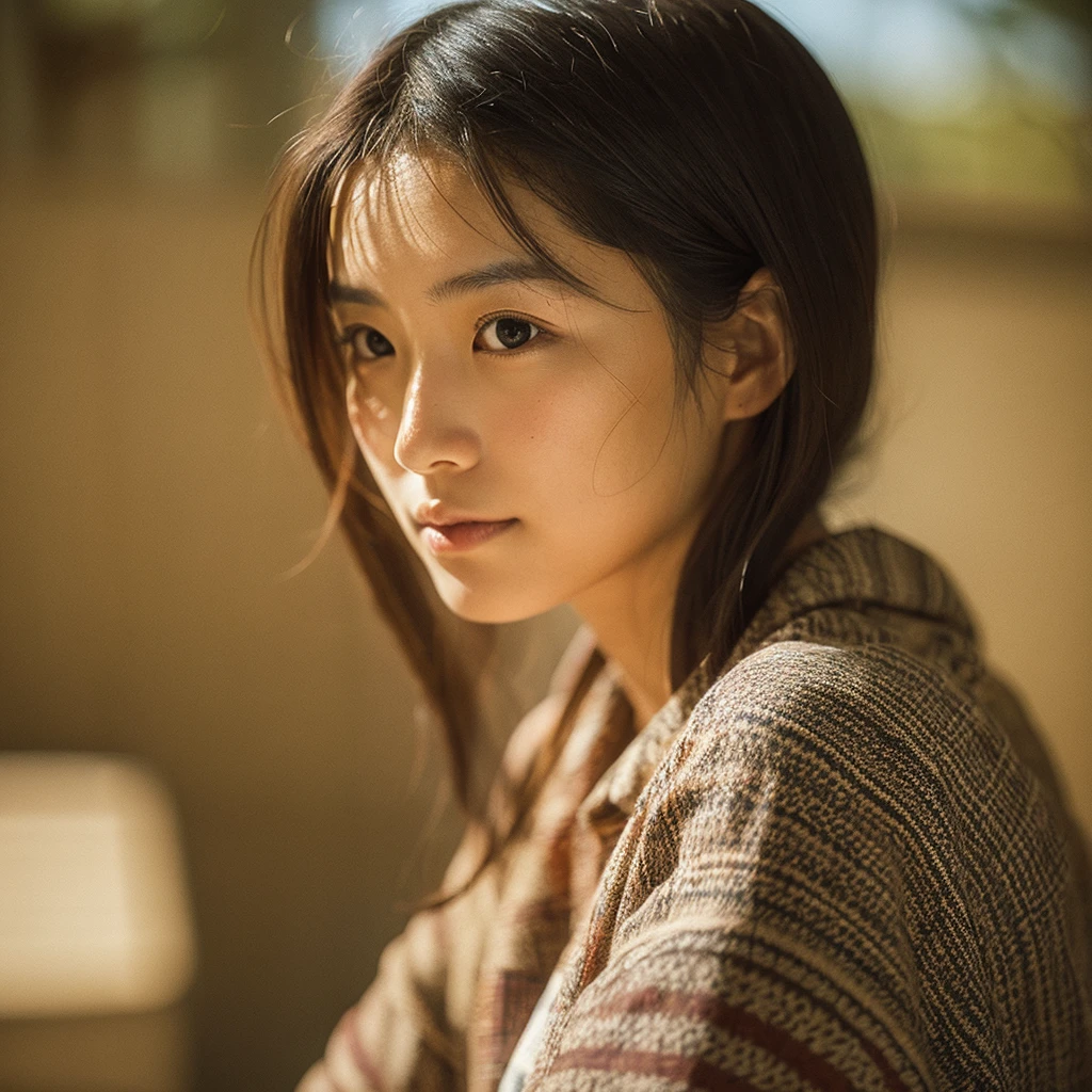 A hyper-realistic image of a single Japanese woman in her early 20s, captured with the nostalgic warmth and subtle graininess of a film camera. She is wearing a beautifully patterned traditional yukata, adding an elegant and authentic Japanese touch to her appearance. Her skin has a warm beige tone with a natural, slightly rough texture that includes visible pores, fine lines, and subtle imperfections such as small blemishes, enhancing the authenticity of her look. The soft, diffused natural light complements the film-like quality, casting gentle shadows that create a timeless, organic feel. Her straight, glossy black hair is styled naturally, slightly tousled around her face, and her deep brown eyes reflect the ambient light, adding depth and emotion. The film camera effect introduces a slight grain and a softer focus, giving the image a warm, nostalgic atmosphere while maintaining the realistic texture of her skin. The yukata she wears features subtle, traditional patterns and is loosely tied with an obi, enhancing her serene and understated elegance. The composition focuses solely on her, capturing the imperfections that make her beauty truly lifelike.