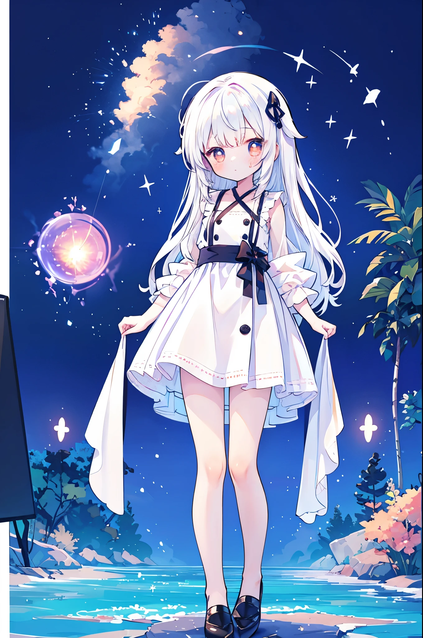 完美的White hair女孩, Cute girl anime visual, White hair的 god, Small curve , White hair女孩, Anime style 4k, White hair, Anime girl with long hair, White hair的, Cute anime girl,，a little ，long White hair，Amber pupils，Black leather shoes，Short skirt，Standing by the lake，Starry Sky，meteor