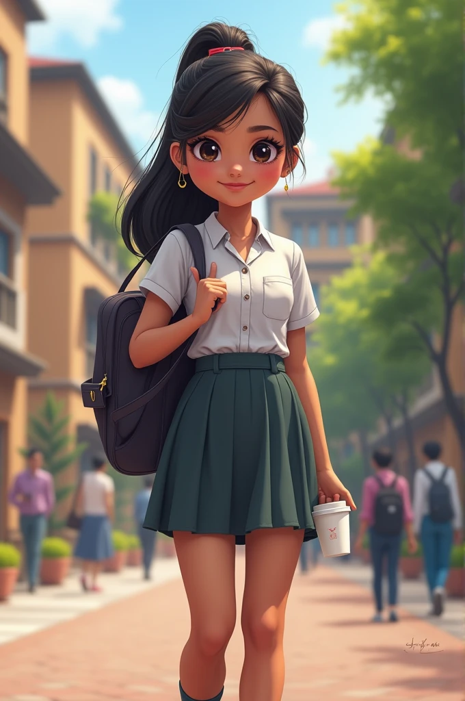 A cute nepali girl wearing college dress and carrying bag and books and a coffee cup with a smile and little dark skin colour and very attractive in college dress with beautiful hair and eyes height little short