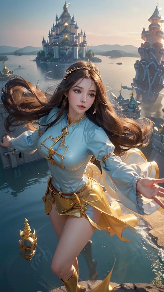 (photo realistic:1.35), masterpiece, best quality, CG, wallpaper, HDR, high quality, high-definition, extremely detailed, 

1girl, (full body shot), 
((body is horizontal)), 
((fly through the sky with my hands outstretched)), 
(hair is fluttering:1.25), (clothes are fluttering:1.25), 
perfect female anatomy, two legs, two feet, two arms, 
break 

brown hair, blue eyes, 
(highly detailed Caucasian skin:1.2), 
(Rounded large breasts), 
kind smile, 
(Slim body, Thin waist, Big hips), 
break 

(retro artstyle), 
(Serene and goddess-like), 
(glowing lightly gold), 
long sleeves, dress, juliet sleeves, 
puffy sleeves, belt, hairband, 
break 

((Floating Castle:1.45))
(see a castle in the sky in the distance), 
horizon, 
well sunlit
